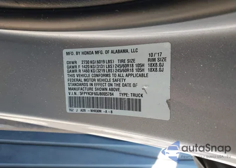 2018 Honda Ridgeline Rtl-T из США, поврежденный, VIN 5FPYK3F60JB005784